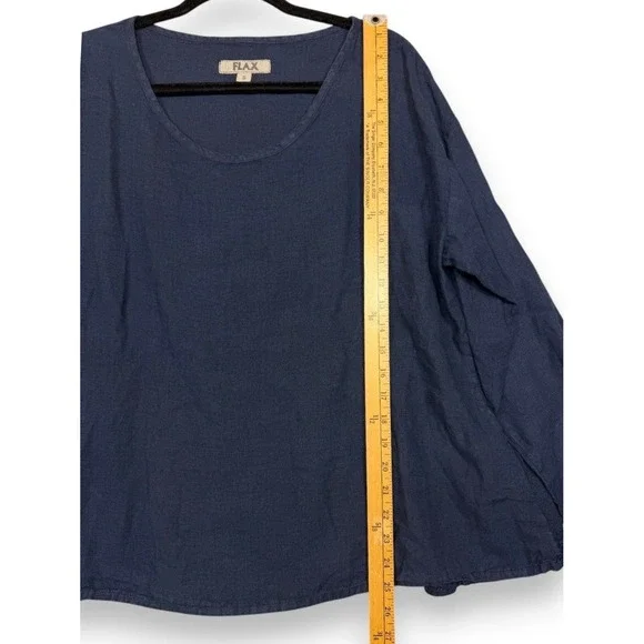 FLAX Top Womens S Blue Linen Long Sleeve Scoop Neck Textured Polka Dot Back - Picture 9 of 9